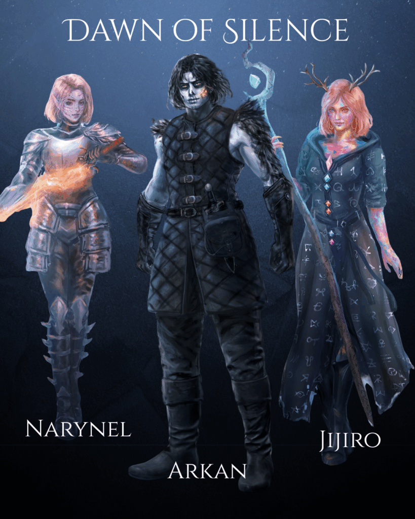 Artwork of the three main characters from dawn of Silence: Arkan the ashfolk thief, Narynel the shadowblood elf with a burning sword, and Narynel the ragtag with her magic staff